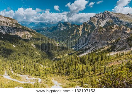 Scenic view of Italian Dolomites on sunny autumn day