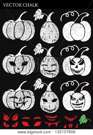Hand Drawn Halloween Chalk Pumpkins Set. Vector design elements.