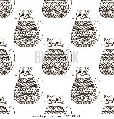 Doodle cats with hand drawn ornament. Vector seamless pattern with cute outline cats. Black and white colors. Graphic background.
