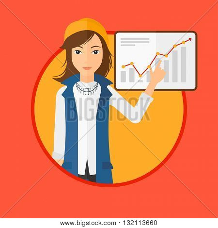A business woman pointing at charts on a board during business presentation. Woman giving a business presentation. Business presentation in progress. Vector flat design illustration in the circle.