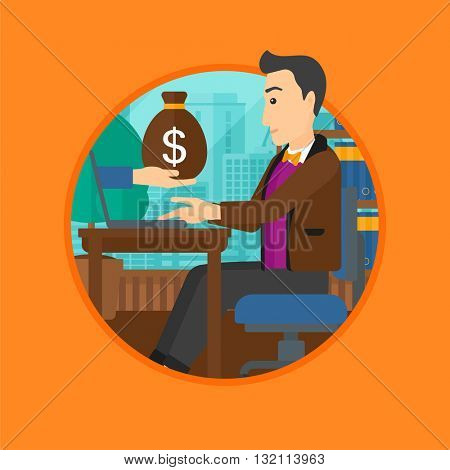 A businessman sitting at the table in office and a bag of money coming out of his laptop. Online business concept. Business vector flat design illustration in the circle isolated on background.
