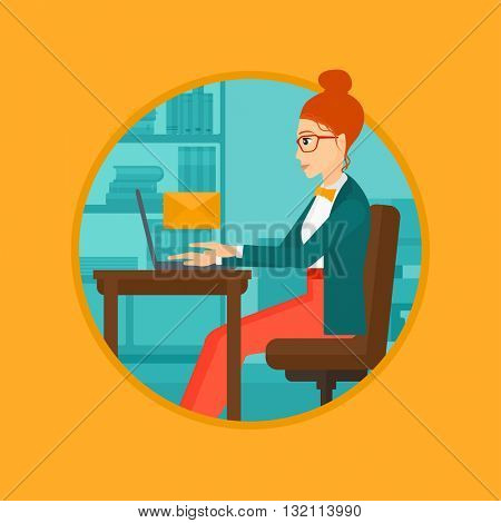 A business woman working on her laptop in office and receiving or sending email. Business technology, email concept. Business vector flat design illustration in the circle isolated on background.