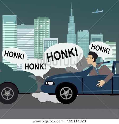 City commute. Upset motorist stuck in traffic, vector cartoon
