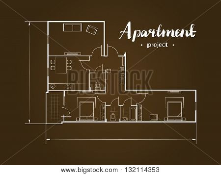 Apartment project with furniture. Kitchen, living room, two bedroom and balcony. Handwritten inscription. Vector illustration of top view