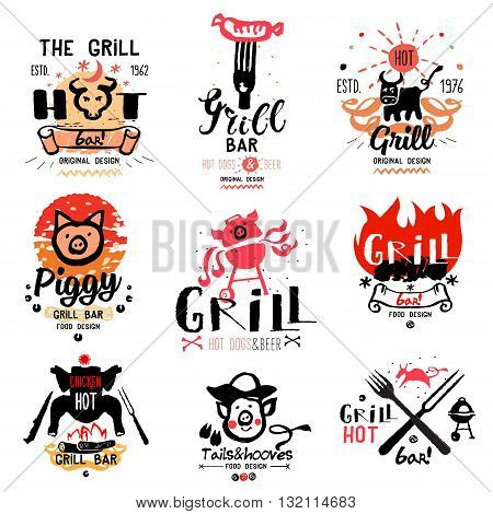 Grill illustrations and logos. Drawings and symbols are handmade on the subject of barbecue and grilling. Natural meat products.