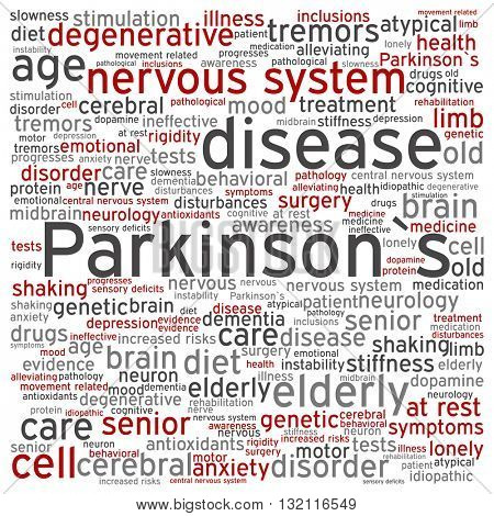 Concept conceptual Parkinson`s disease healthcare or nervous system disorder abstract square word cloud isolated on background