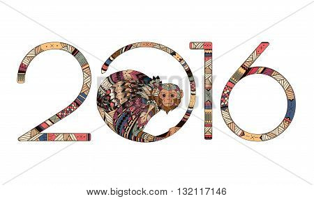Tribal illustration of a monkey in the style zentangl for the new year 2016. illustration of Totem for the holidays. Printing Maite card poster