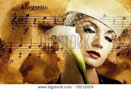 Hermosa mujer sobre fondo de melodía abstracta