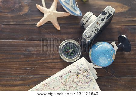 Compass, Camera, Globe,map, Ship And Starfish Figurine For Use As Trip Vacation Concept (vintage Ton