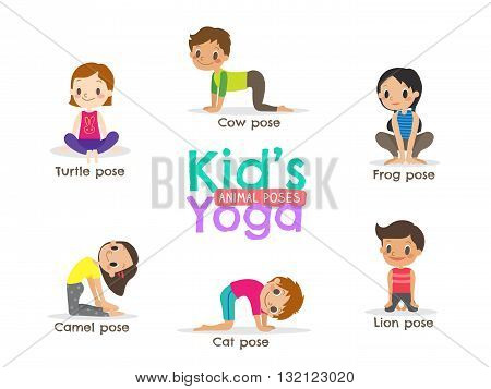 yoga exercise kids poses vector cartoon illustration