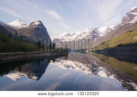 Norwegian landscape in the Fjords on bright calm morning