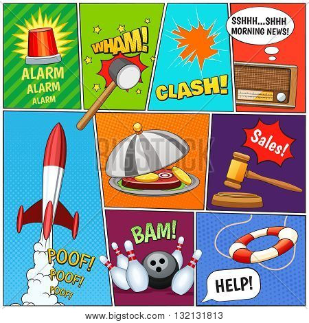 Comic book page panels composition with alarm rocket old tv news text balloons symbols abstract vector illustration