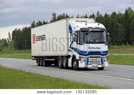 SALO, FINLAND - MAY 29, 2016: Renault Trucks T semi of H Modig Ky transports goods along freeway in South of Finland at summer.