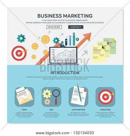 One page web design template with business marketing services like smm or seo. Flat design graphic website elements layout. Vector illustration.