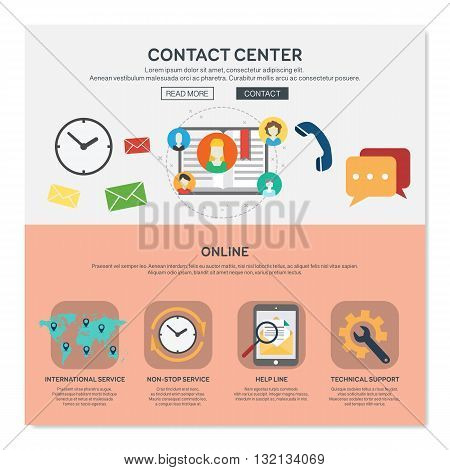 One page web design template with contact center services like help line or international services. Flat design graphic website elements layout. Vector illustration.