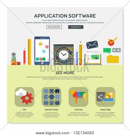 One page web design template with application software services like api or prototyping. Flat design graphic website elements layout. Vector illustration.