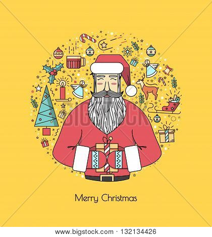 Santa Claus with presents and christmas elements in a circle a thin line. Bright yellow illustration for the new year 2016. A beautiful print or invitation.