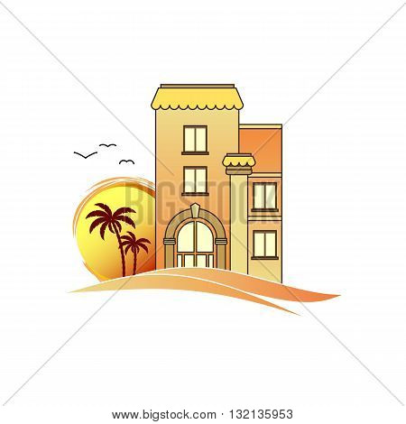 Real estate apertments for rent with palm tree and birds on landscape vector illustration isolated in white background.
