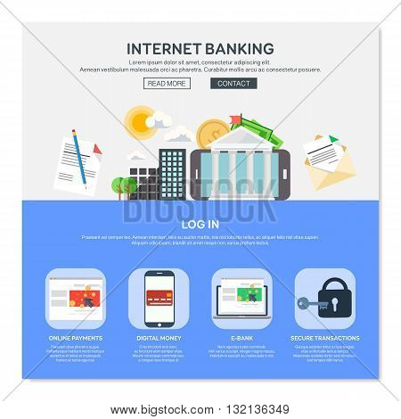 One page web design template with internet banking services like online payments or e-bank. Flat design graphic website elements layout. Vector illustration.