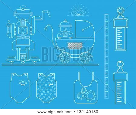 Robot with robot baby in a stroller. Line icon set. Vector illustration.