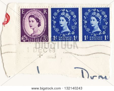 United Kingdom circa 1960 set postage stamps of United Kingdom Royal Mail Post Elizabeth