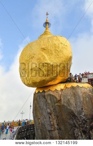 Kyaiktiyo, Mon, state Myanmar - April 24 2016: Buddhist prayers at Kyaiktiyo Pagoda (Golden Rock) One of the most Buddhist worshipful place in Myanmar.