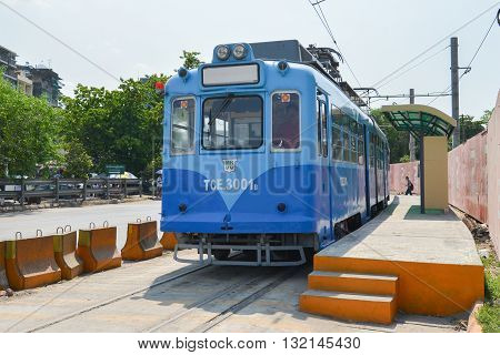 Yangon Myanmar - April 25 2016 : Yangon Tram. begun service on 11 January 2016 using a single 50-year old tram from Hiroshima Japan