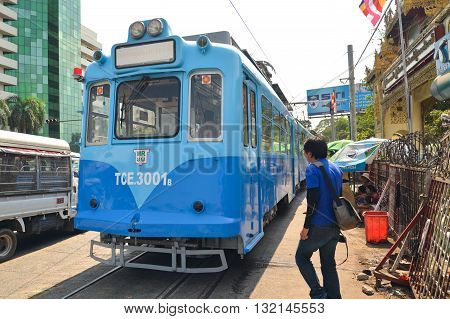 Yangon Myanmar - April 25 2016 : Yangon Tram. begun service on 11 January 2016 using a single 50-year old tram from Hiroshima Japan