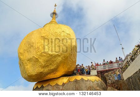 Kyaiktiyo Mon state Myanmar- April 24 2016: Buddhist prayers at Kyaiktiyo Pagoda (Golden Rock) One of the most Buddhist worshipful place in Myanmar.