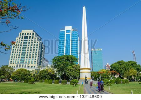Yangon Myanmar - April 26 2016 : Independence Monument in Mahabandoola park in downtown Yangon