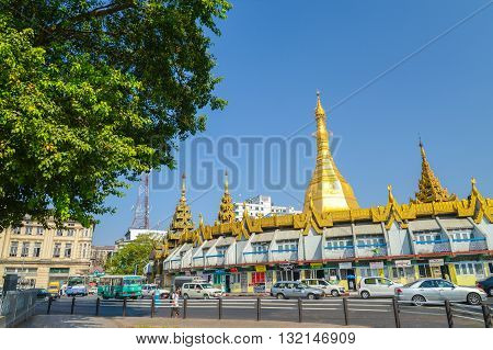 Yangon Myanmar - April 26 2016 : The Sule Pagoda in Yangon is centrally located in Yangon as a religious and historic site.