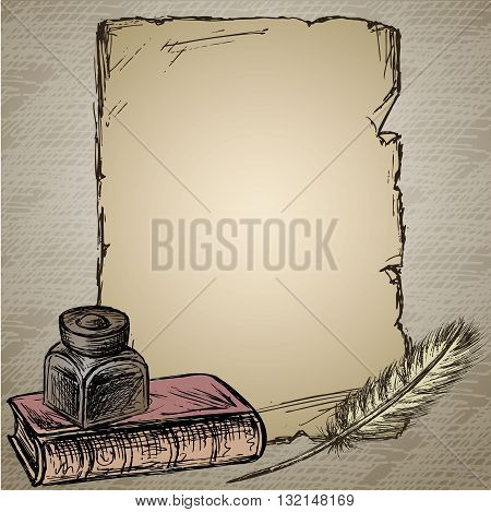 Goose feather elegant old-fashioned decorative inkpot old paper for inscription.Old book. Vintage background. Hand drawn vector