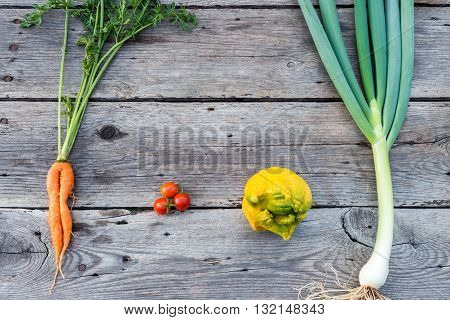 Top flat lay view of trendy ugly organic carrot tomatos ugly lemon and leek from home garden bed on barn wood table Australian grown.