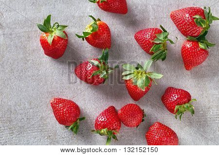 Ripe Strawberry On Stone Table. From Above
