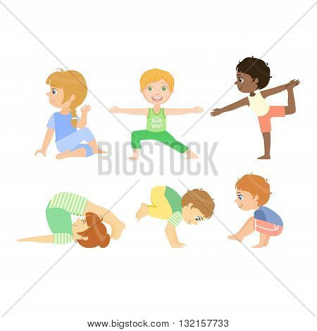 Kids Doing Advanced Yoga Poses Bright Color Cartoon Childish Style Flat Vector Drawing On White Background