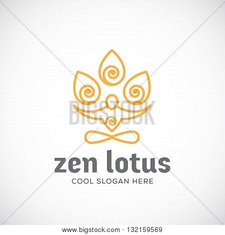 Zen Lotus Abstract Vector Linear Style Logo Template. Meditation or Yoga Symbol. Stylized Pereson Figure with Flower Elements. Isolated.