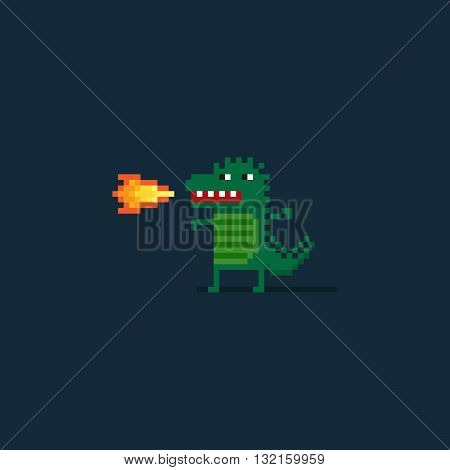 Pixel art funny dragon character belching fire on dark background