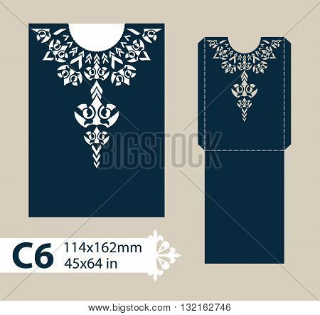 Layout congratulatory envelope with carved openwork pattern. Template is suitable for wedding greeting cards invitations etc. Picture suitable for laser cutting plotter cutting or printing. Vector