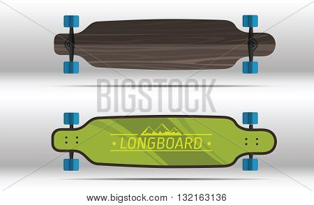 illustration of longboards. Illustration of flat longboards isolated on white background. Flat colorful longboards.