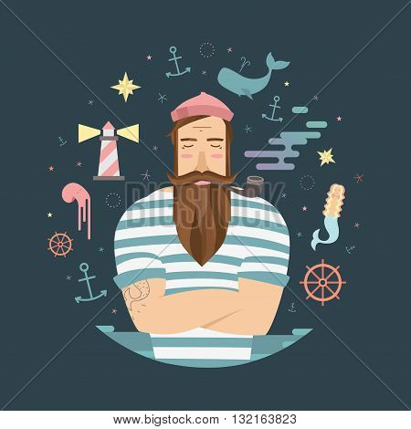 A vivid illustration of fairy tales sailor. Vector sailor with a pipe and anchors and mermaid for prints