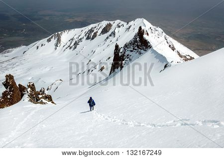 Male climber descends from the top of Erciyes volcano. Turkey