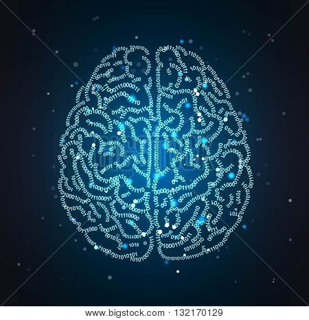 Concept illustration of a human brain formed out of binary code digits. Shiny artificial intelligence space hi-tech and IT themed background.