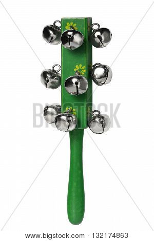 Green wooden musical instrumenl with metallic jingles