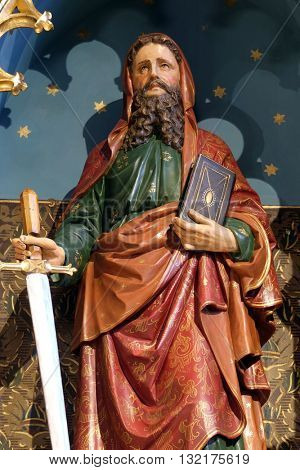 STITAR, CROATIA - NOVEMBER 24: Saint Paul statue on the main altar in the church of Saint Matthew in Stitar, Croatia on November 24, 2015