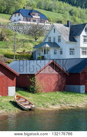 Layered view of Hillside Houses in Olden, Norway
