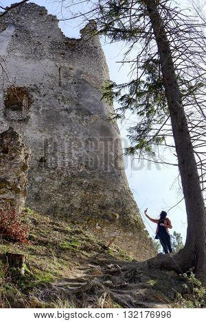 Ruins of Blacnicky castle and lonely girl - Slovakia