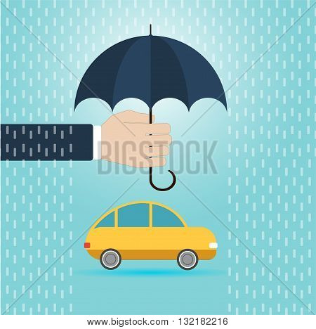 hand with umbrella protect car insurance concept flat vector illustration