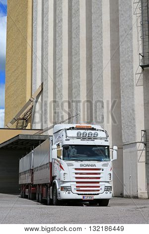 SALO, FINLAND - MAY 27, 2016: Scania truck for grain transport outside of granary in South of Finland.