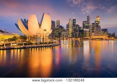 Singapore skyline at the Marina during twilight.