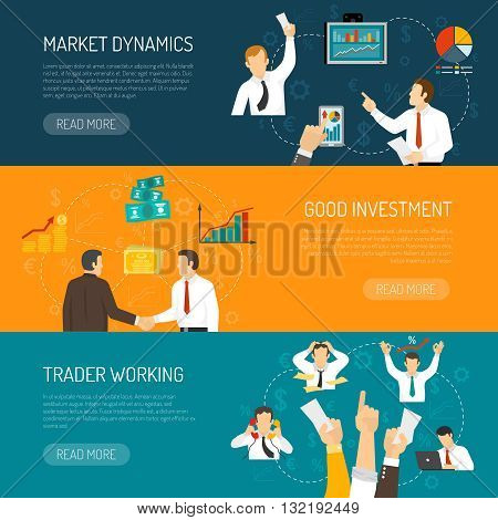 Trader work horizontal banners set with profitable financial solutions analysis of market stressful profession isolated vector illustration